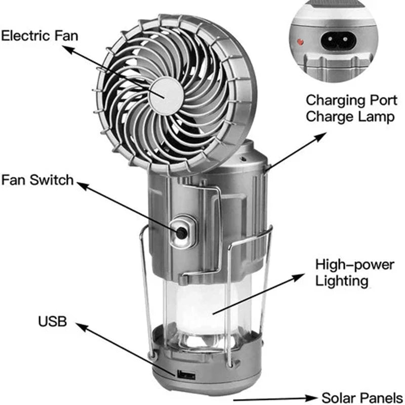 Solar Camping Lantern With Fan Portable Stretchable Electric Fan Emergency Light Outdoor Lighting Rechargeable LED Tent Light