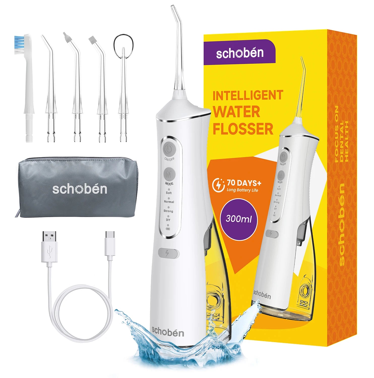 Professional dental flosser - rechargeable cordless oral irrigator, equipped with 5 nozzles in 4 modes, portable for outdoor use