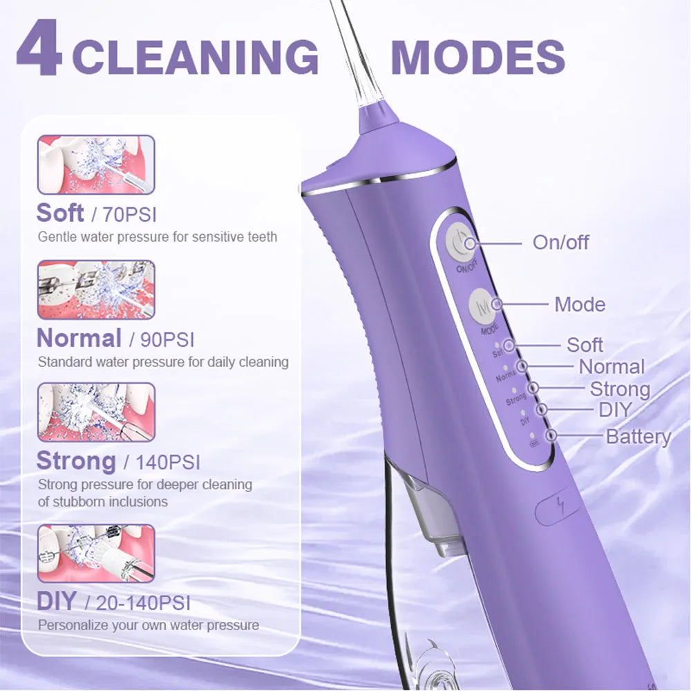 Professional dental flosser - rechargeable cordless oral irrigator, equipped with 5 nozzles in 4 modes, portable for outdoor use