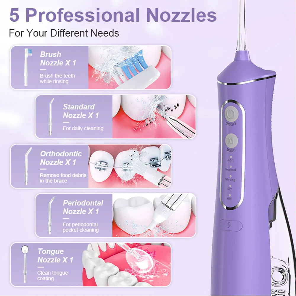 Professional dental flosser - rechargeable cordless oral irrigator, equipped with 5 nozzles in 4 modes, portable for outdoor use